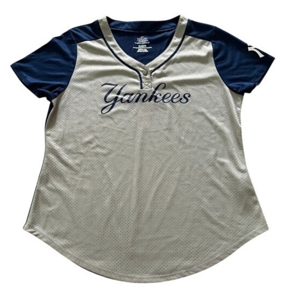 Majestic Yankees Cool‎ Base Womens XL Jersey Shirt Navy Gray MLB Baseball